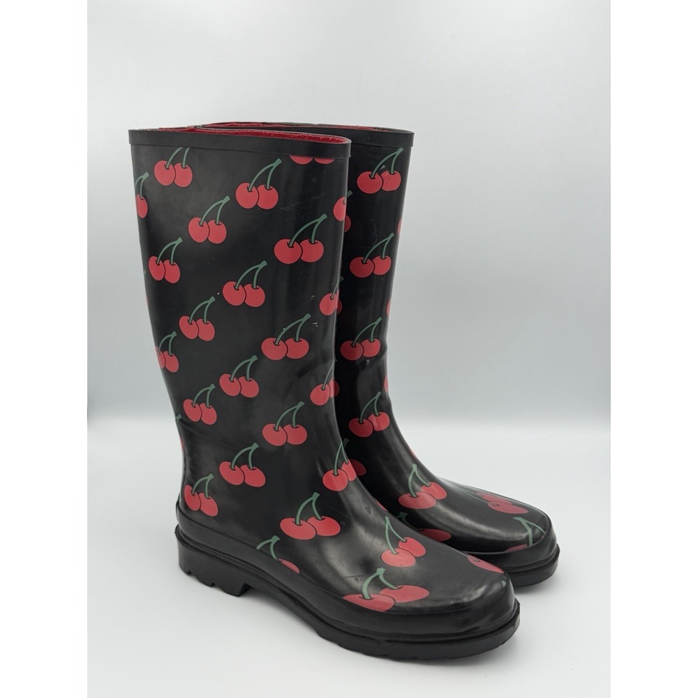 143 Girl Cherry Rain Boots Womens 9 Black Red Y2K Festival Coquette Cottagecore
